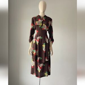 Vintage 1940 Floral Brown Midi Dress Large Xlarge